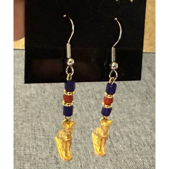 Egyptian Revival Cat Lover Bastet Dangle Pierced Earrings Pewter Carnelian Beads - Picture 11 of 11